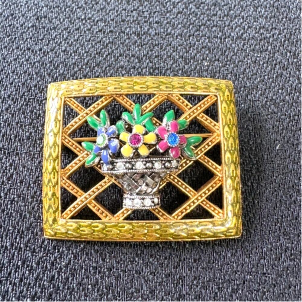 Joan Rivers Floral Brooch Gold Tone Openwork Multicolor Rhinestone